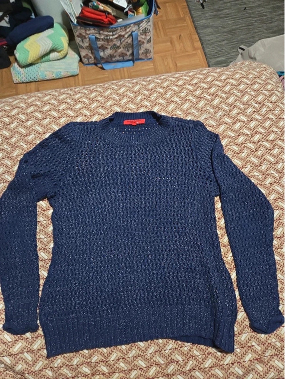 Narciso Rodriguez Sweater Size M Navy Gunmetal Speckled Open Knit Long Sleeve
